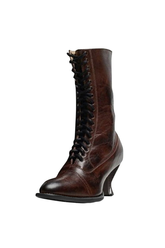 Women Victorian Boots 70s Vintage Lace up Mid Calf Halloween Almond Toe Block Heels Witch Booties