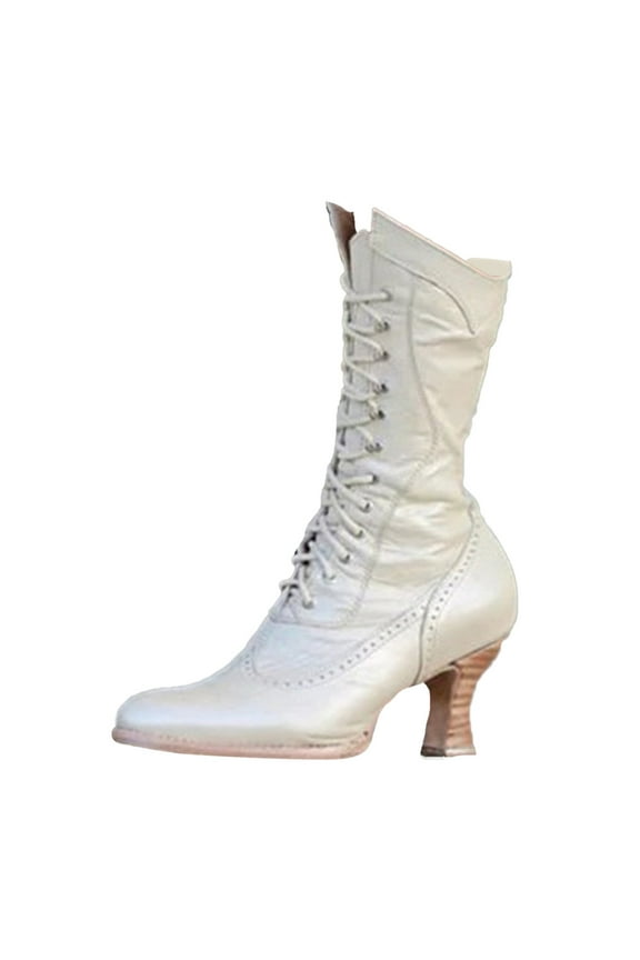 Women Vintage Victorian Ankle Boots 70s Lace up Mid Heel Witch Granny Booties Mid-Calf Shoes