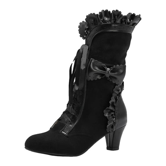 YLYL Women Vintage Victorian Boots 70s Sweet Bow Mid Heels Lace up Kawaii Witch Mid Calf Boots