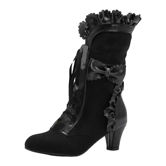 YLYL Women Vintage Victorian Boots 70s Sweet Bow Mid Heels Lace up Kawaii Witch Mid Calf Boots