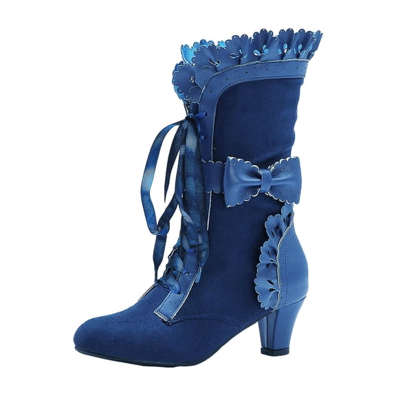 YLYL Women Vintage Victorian Boots 70s Sweet Bow Mid Heels Lace up Kawaii Witch Mid Calf Boots