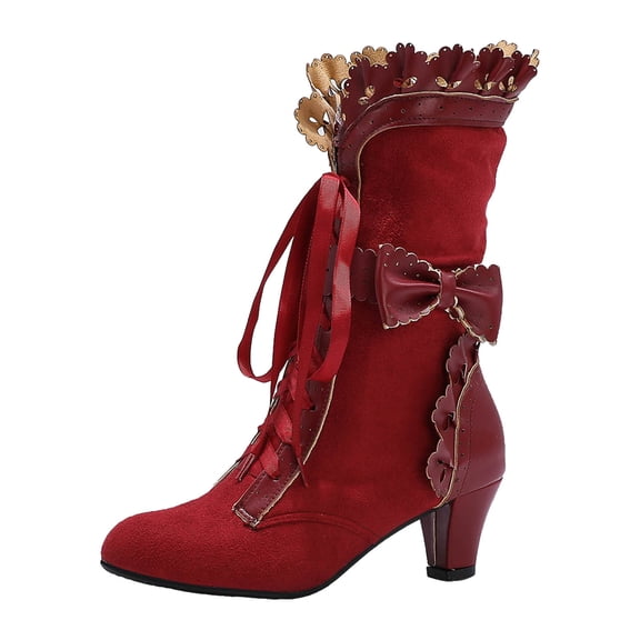YLYL Women Vintage Victorian Boots 70s Sweet Bow Mid Heels Lace up Kawaii Witch Mid Calf Boots