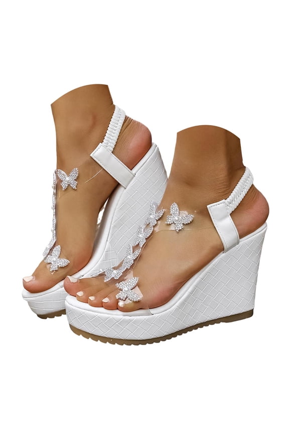 Women Wedge Platform Sandals Butterfly Rhinestone Open Toe Elastic Ankle Strap Summer Beach Shoes