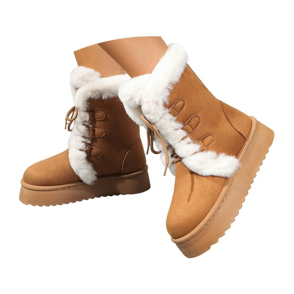 YLYL Women Winter Platform Snow Boots Lace up Fur Lined Cozy Warm Mid Calf Shoes