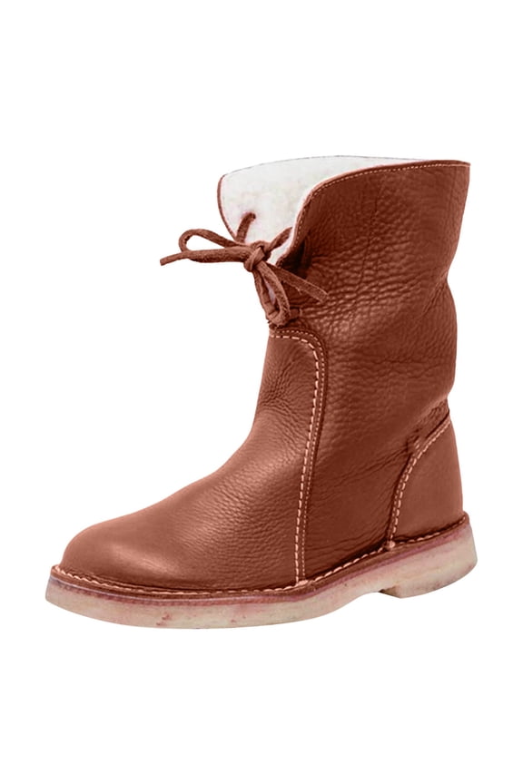 Women Winter Snow Boots Cuffed Plush Lined Round Toe Low Heel Slip on Mid Calf Warm Boots