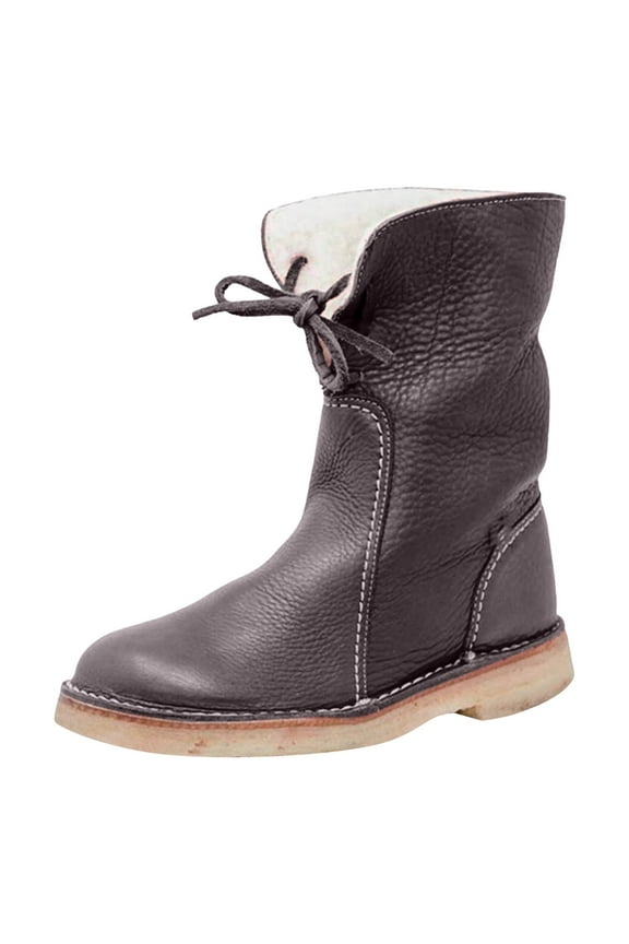 Women Winter Snow Boots PU Leather Warm Fur Lined Lace up Fashion Mid Calf Combat Boots