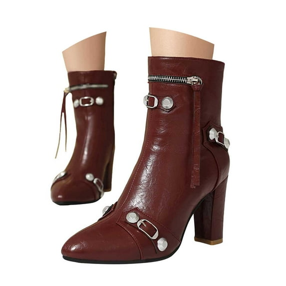 YLYL Women's Ankle Booties Metal Buckle Pointed Toe Zippers High Heel Booties Fashion Western Winter Party Short Boots