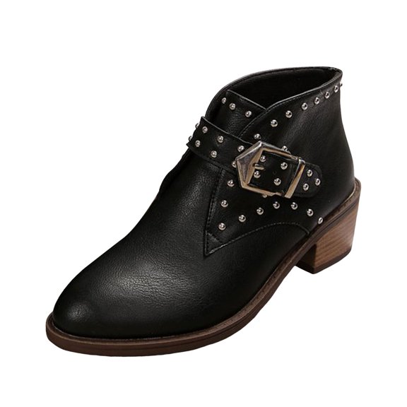 YLYL Women's Ankle Boots Buckle Chunky Stacked Heel Pointed Toe Slip on Fashion Western Punk Boot