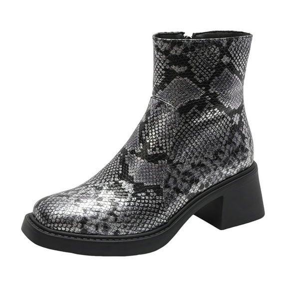 YLYL Women's Ankle Boots Chunky Mid Heel Square Toe Snake Print Side Zipper Fashion Dressy Shoes