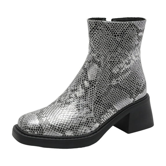 YLYL Women's Ankle Boots Chunky Mid Heel Square Toe Snake Print Side Zipper Fashion Dressy Shoes