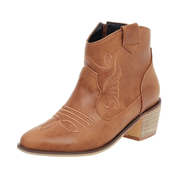YLYL Women's Ankle Boots Embroidered Point Toe Side Zipper Chunky Heel Western Cowboy Short Booties