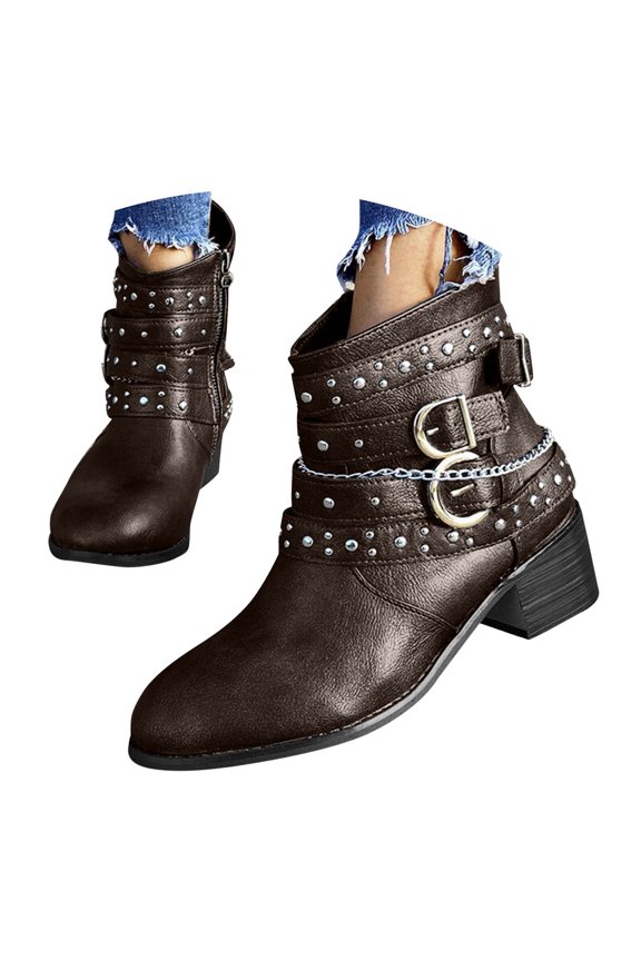 Women's Ankle Boots Fashion Studded Ankle Strap Chunky Heel Side Zipper Punk Goth Motorcycle Booties
