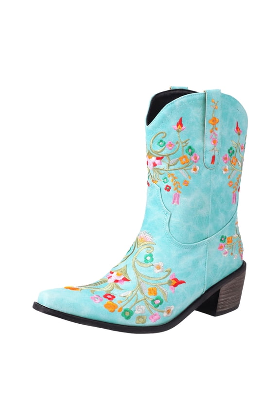 Women's Cowboy Boots Floral Embroidered Pointed Toe Heel Pull on Western Cowgirl Ankle Boots