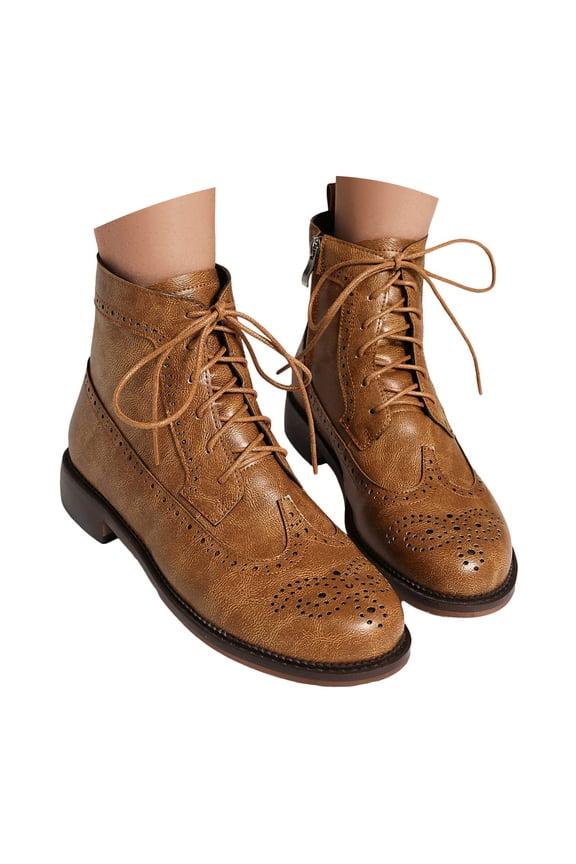 Women's Ankle Boots Lace up Low Heel Fashion Casual Wingtip Brogue Oxfords Dress Booties