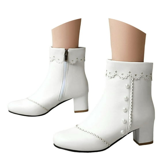 YLYL Women's Ankle Boots Pearl Round Toe Chunky High Heel Side Zipper Fall Winter Party Dress Shoes