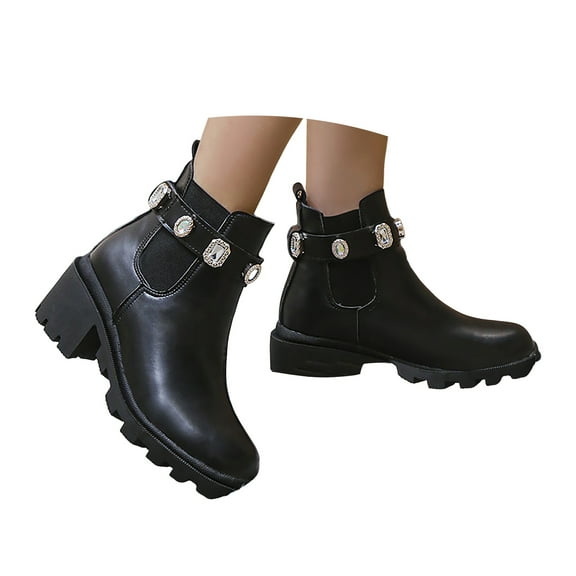 YLYL Women's Ankle Boots Rhinestone Chunky Mid Heel Lug Sole Non Slip Fashion Casual Walking Shoes
