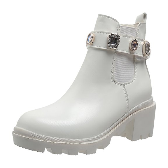 YLYL Women's Ankle Boots Rhinestone Chunky Mid Heel Lug Sole Non Slip Fashion Casual Walking Shoes