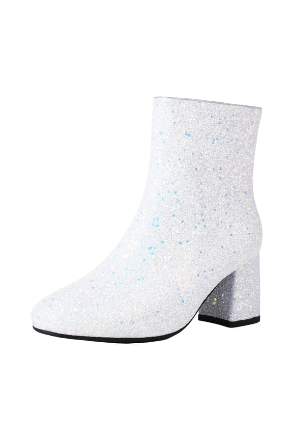 Women's Ankle Boots Sequins Glitter Sparkly Chunky Mid Heel Side Zipper Wedding Party Dress Shoes