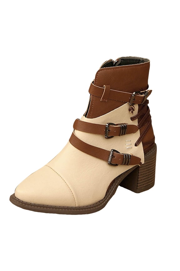Women's Ankle Boots Strappy Belt Buckle Splicing Leather Pointed Toe Slip Resistant Side Zipper Combat Booties