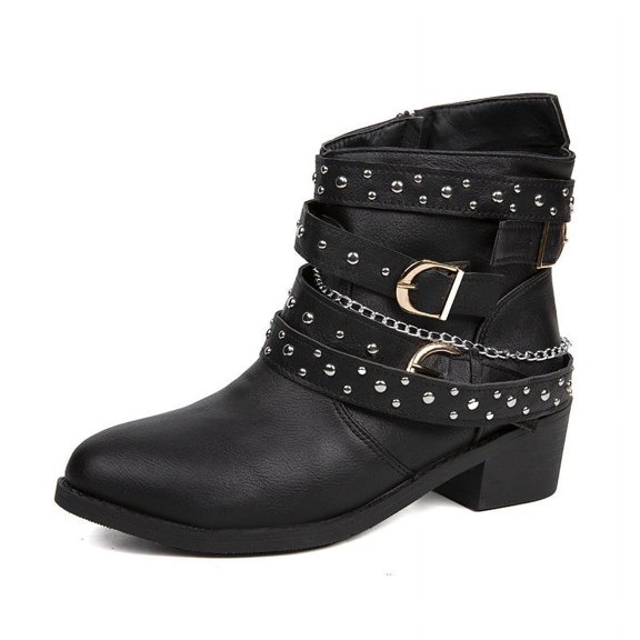 YLYL Women's Ankle Chunky Heel Studded Strap Side Zipper Goth Punk Motorcycle Fashion Winter Booties