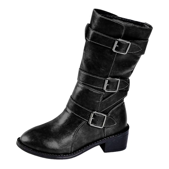 YLYL Women's Belt Buckle Mid Calf Boot Retro Pointed Toe Heel Motorcycle Boots with Side Zipper Riding Boots