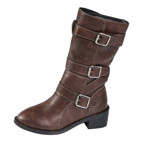 YLYL Women's Belt Buckle Mid Calf Boot Retro Pointed Toe Heel Motorcycle Boots with Side Zipper Riding Boots