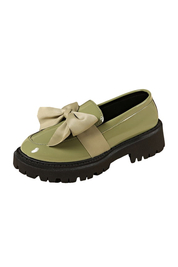 Women's Patent Leather Platform Loafers with Bow Chunky Heel Lug Sole Slip on Casual Office Work Dress Shoes