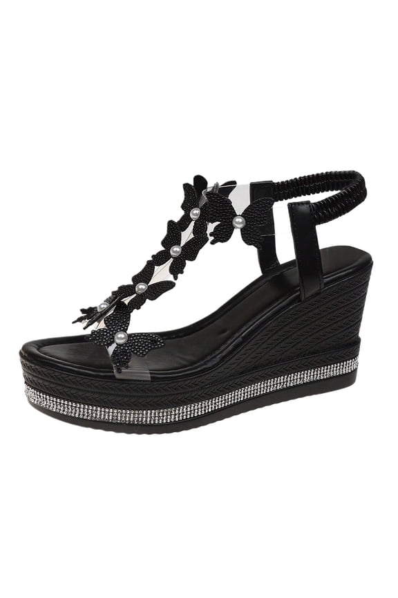 Women's Butterfly Wedge Platform Sandals Rhinestone High Heel Open Toe Elastic T Strap Summer Beach Shoes