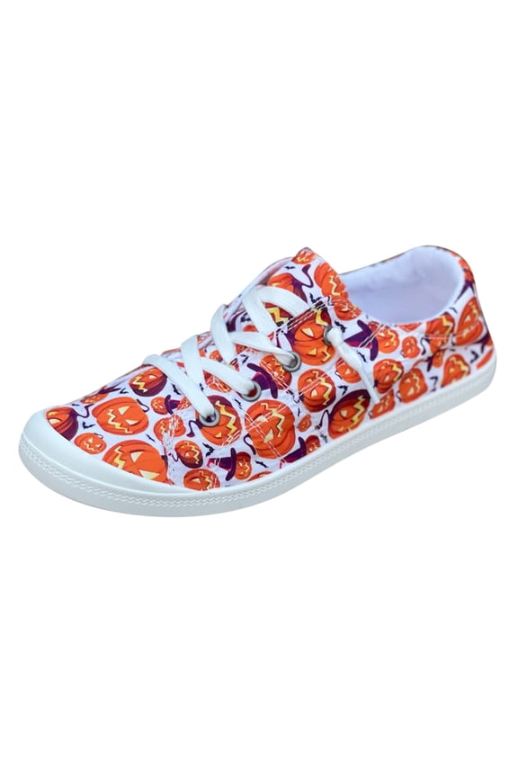 Women's Canvas Shoes Halloween Pumpkin Ghost Print Breathable Flat Sports Shoes