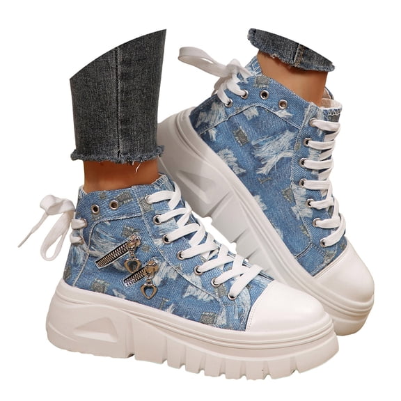 YLYL Women's Canvas Sneakers Lace up Chunky High Heels Non-Slip Fashion Casual Walking Shoes