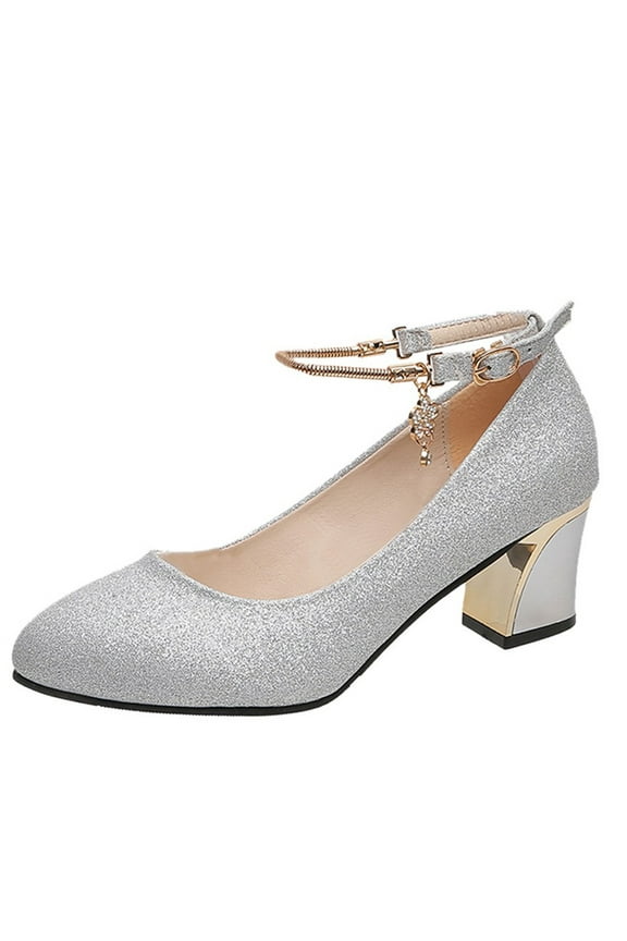 Women's Heels Pumps Shoes Glitter Sparkly Ankle Strap Mid Block Sequin Dress Shoes