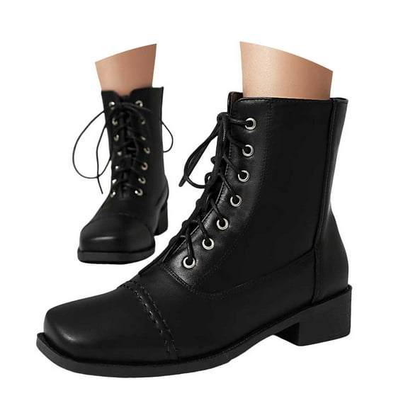 YLYL Women's Low Heels Ankle Boots Comfort Square Toe Lace up Combat Motorcycle Biker Boots