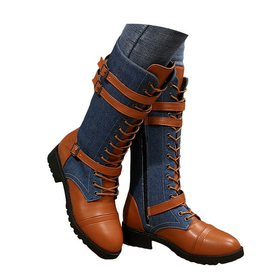 YLYL Women's Combat Booties Vintage Buckle Leather Lace up Sexy Knee High Platform Side Zip-up Mid-Calf Boots