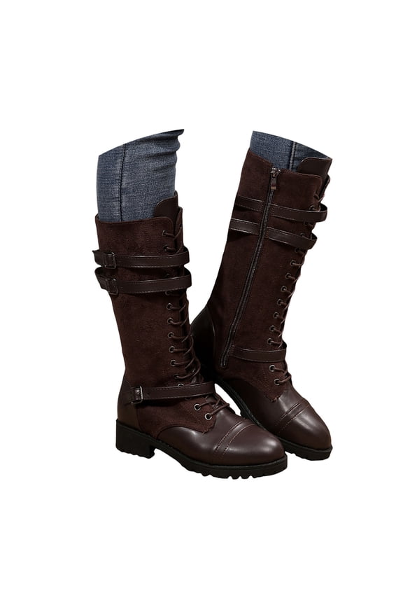 Women's Combat Boots with Side Zipper Pockets Fashion Lace up Anti Slip Low Heels Winter Riding Mid Calf Shoes