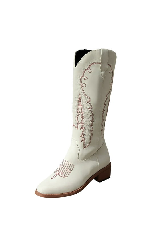 Women Knee High Boots Embroidered Chunky Block Heel Slip on Cowboy Cowgirl Western Tall Boots