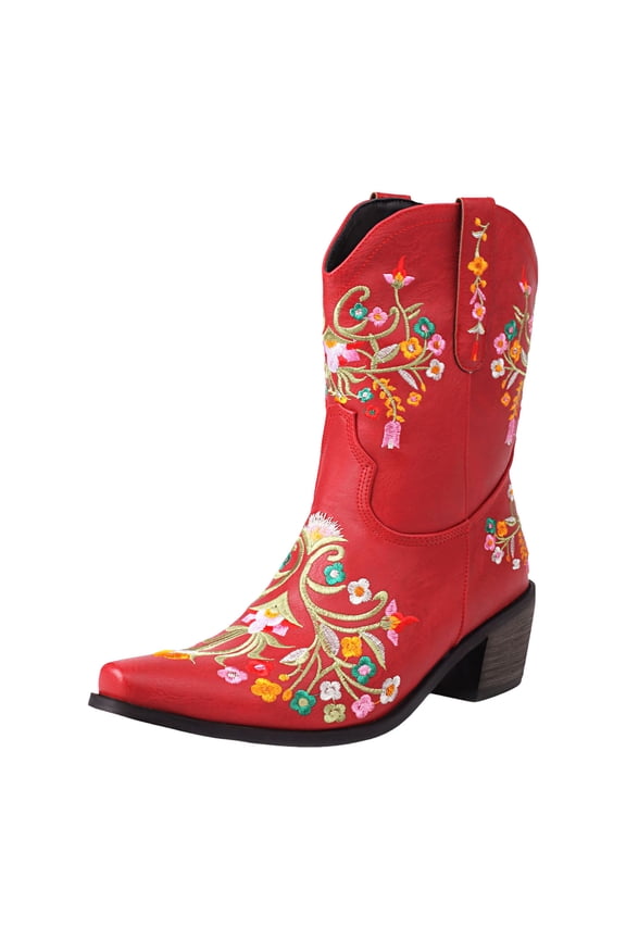 Women's Cowboy Boots Floral Embroidered Pointed Toe Heel Pull on Western Cowgirl Ankle Boots