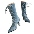 thumbnail image 1 of YLYL Women's Denim Mid Calf Boots Kitten Heels Pointed Toe Lace up Fashion Party Prom Dress Boots, 1 of 9