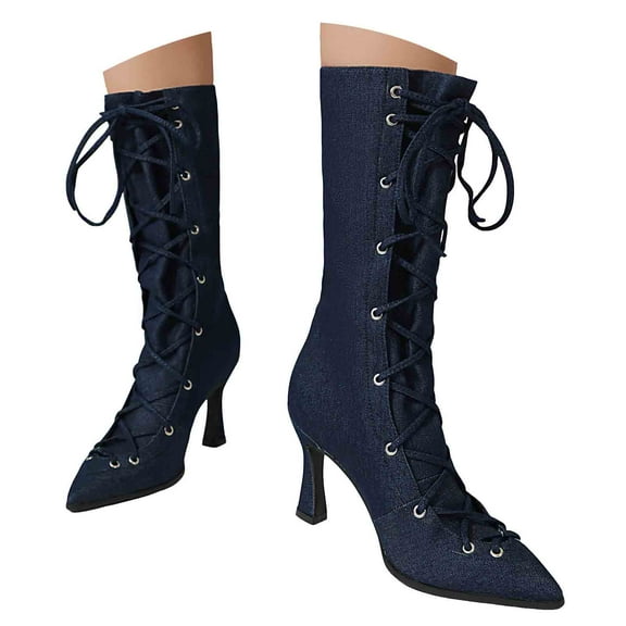 YLYL Women's Denim Mid Calf Boots Kitten Heels Pointed Toe Lace up Fashion Party Prom Dress Boots
