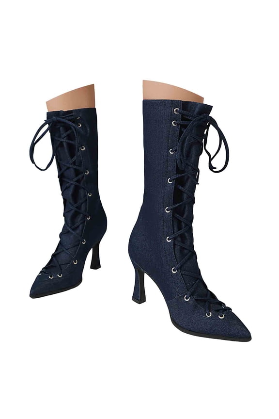 Women's Denim Mid Calf Boots Kitten Heels Pointed Toe Lace up Fashion Party Prom Dress Boots