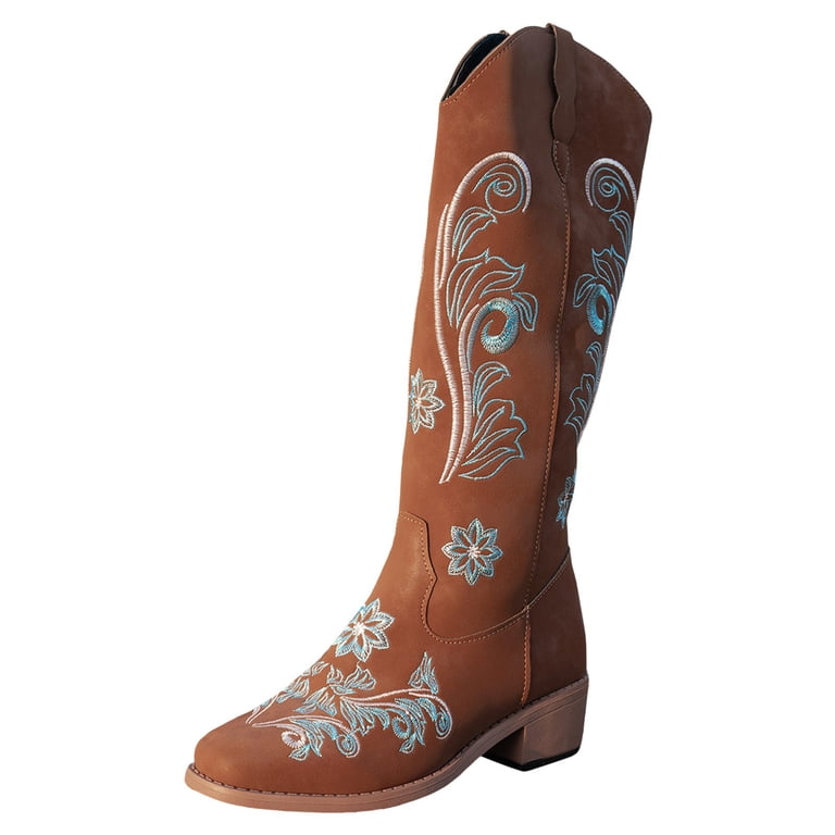 Square Toe Cowboy Womens Corral Cowboy Boots Snip Toe Pull  Knee High Snip Toe Cowboy Boots Chunky Block Heel Embroidered Pull On main image 2