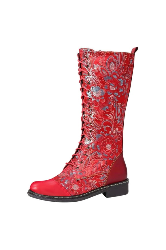 Women's Embroidered Lace up Knee High Cowgirl Boots Retro Ethnic Style Low Heel Mid Side Zipper Western Cowboy Calf Boots