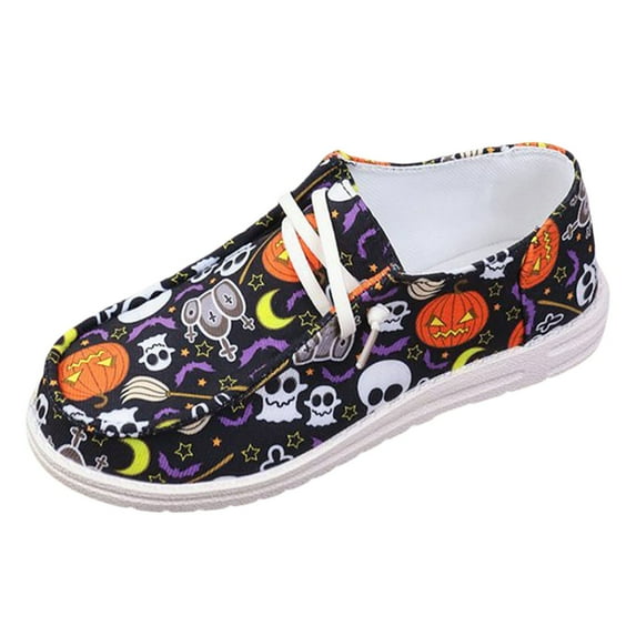 YLYL Women's Fashion Halloween Canvas Sneakers 2025 Pumpkin Ghost Print Low Top Lace up Walking Flat Shoes