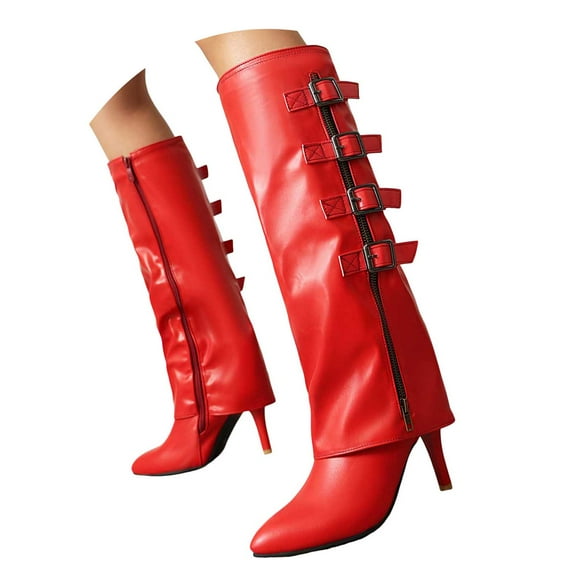 YLYL Women's Fold over Knee High Boots Pointed Toe Slouchy High Heel Straight Tall Boots with Side Zipper for Party Dress
