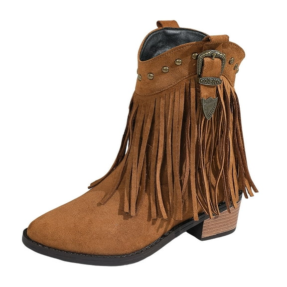 YLYL Women's Fringe Cowboy Cowgirl Boots Pointed Toe Pull on Dress Western Ankle Booties