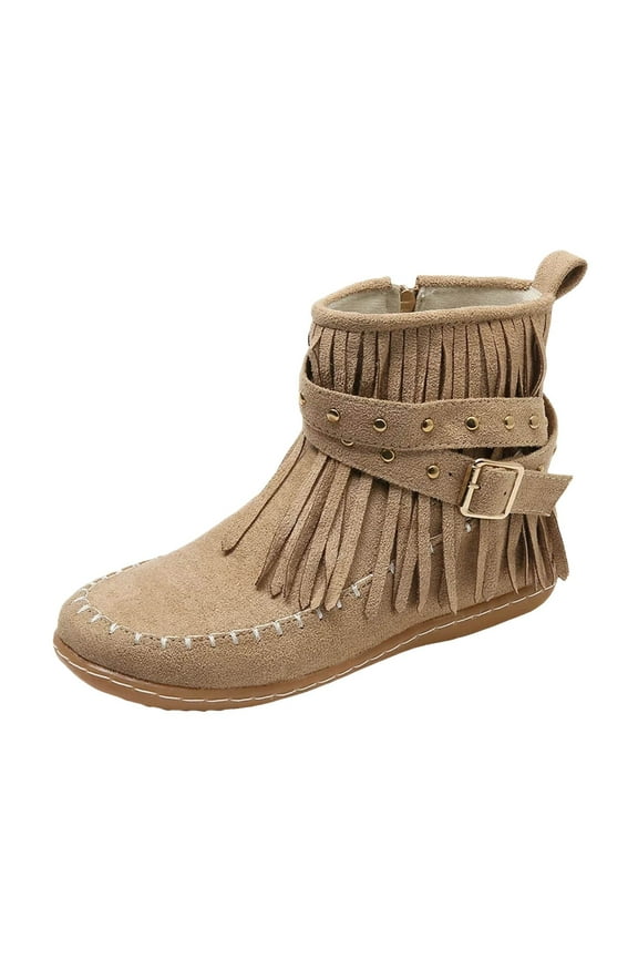 Women's Fringe Western Cowgirl Boots Ankle Cowboy Suede Tassel Fashion Pull on Short Round Toe Retro Winter Low Heel Booties