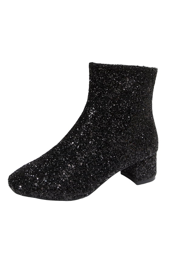 Women's Glitter Sparkly Ankle Booties Chunky Heel Side Zipper Wedding Bridal Party Dress Short Boots