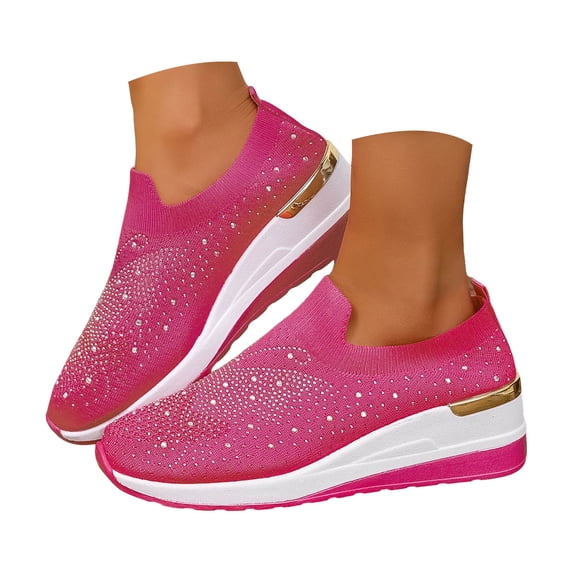 YLYL Women's Glittery Sneakers Rhinestone Wedge Heel Fashion Dressy Slip on Elastic Sock Walking Shoes