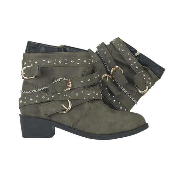 YLYL Women's Goth Leather Block Heel Ankle Boots Fashion Studded Ankle Strap Trim Punk Boots Winter Side Zipper Motorcycle Short Booties