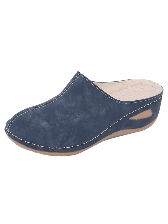 Women's House Slipper Mules Warm Fur Lined Wedge Heel Winter Indoor Outdoor Clogs
