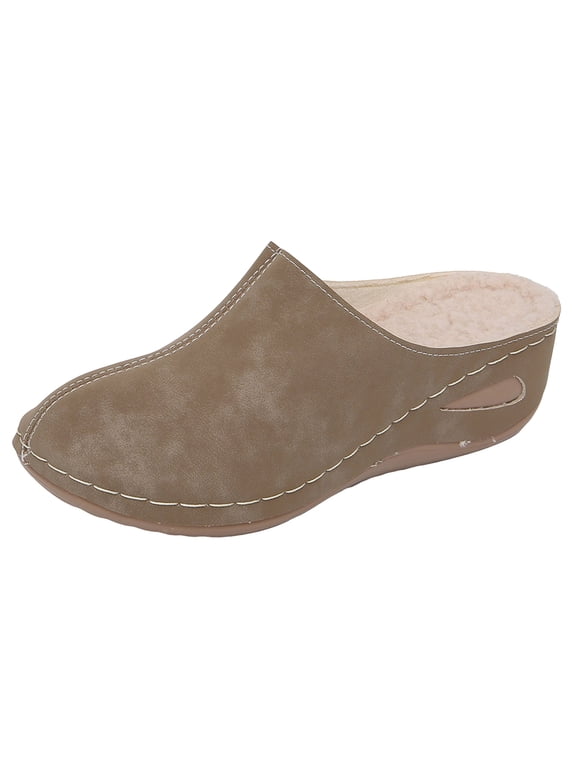 Women's House Slipper Mules Warm Fur Lined Wedge Heel Winter Indoor Outdoor Clogs
